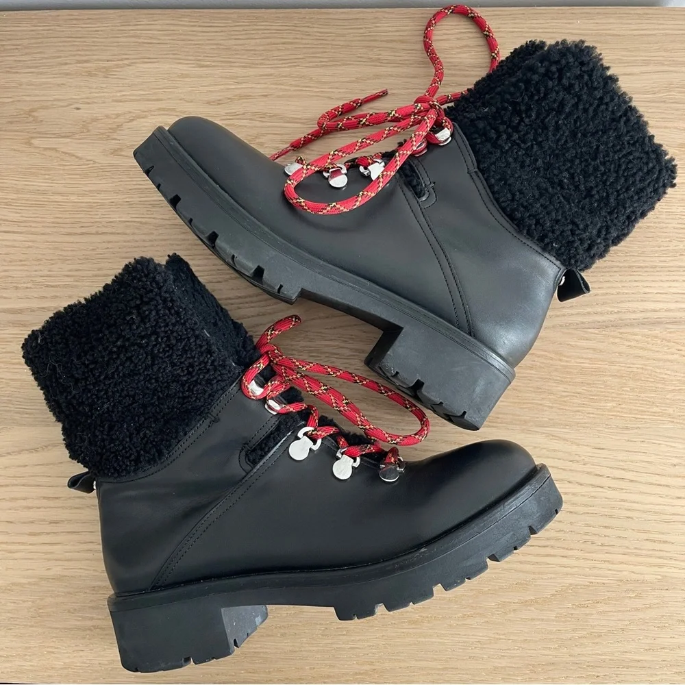 Aquatalia Jamie Black leather combat lace up boot shearling trim moto 11
